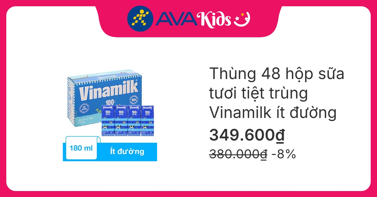 Thùng 48 hộp sữa tươi tiệt trùng Vinamilk ít đường 180 ml (từ 1 tuổi)
