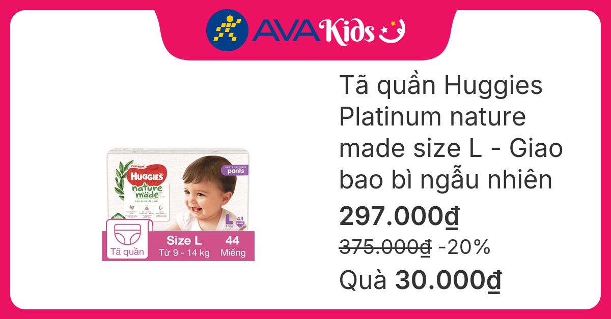 Tã quần Huggies Platinum nature made siêu cao cấp size L 44 miếng (9 - 14 kg) - Giao bao bì ngẫu nhiên