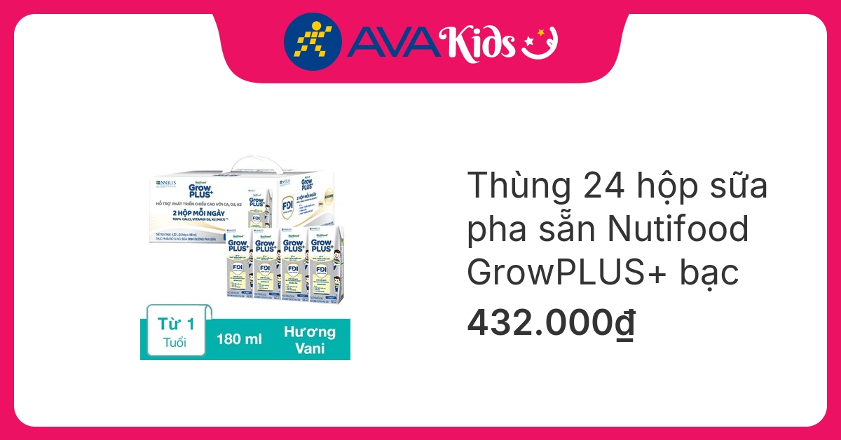 Thùng 24 hộp sữa pha sẵn Nutifood GrowPLUS+ bạc hương vani 180 ml (từ 1 tuổi)