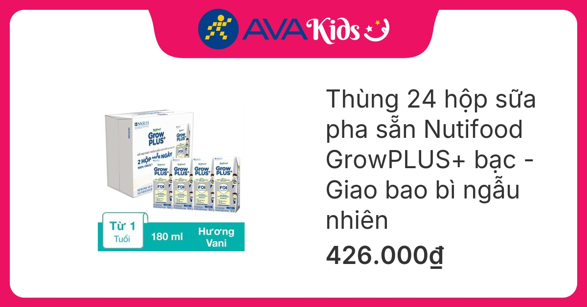 Thùng 24 hộp sữa pha sẵn Nutifood GrowPLUS+ bạc hương vani 180 ml (từ 1 tuổi) - Giao bao bì ngẫu nhiên