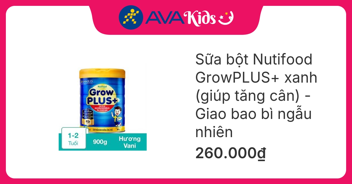 Sữa bột Nutifood GrowPLUS+ xanh hương vani 900g (1 - 2 tuổi) giúp tăng cân - Giao bao bì ngẫu nhiên