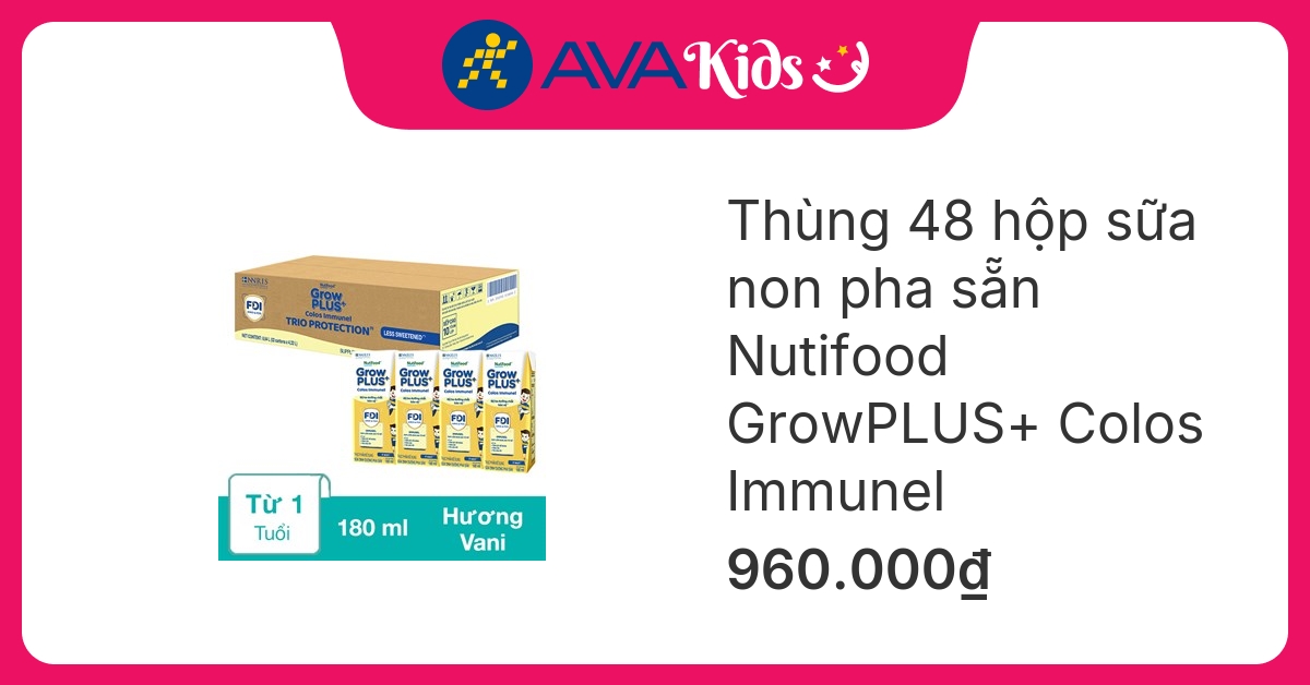 Thùng 48 hộp sữa non pha sẵn Nutifood GrowPLUS+ Colos Immunel hương vani 180 ml (từ 1 tuổi)