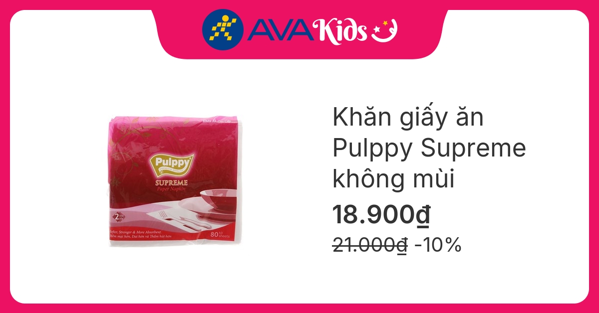 Gói 80 tờ khăn giấy ăn Pulppy Supreme không mùi 2 lớp