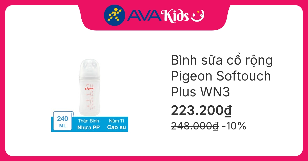 Bình sữa nhựa PP Pigeon Softouch Plus WN3 cổ rộng 240 ml (từ 3 tháng)