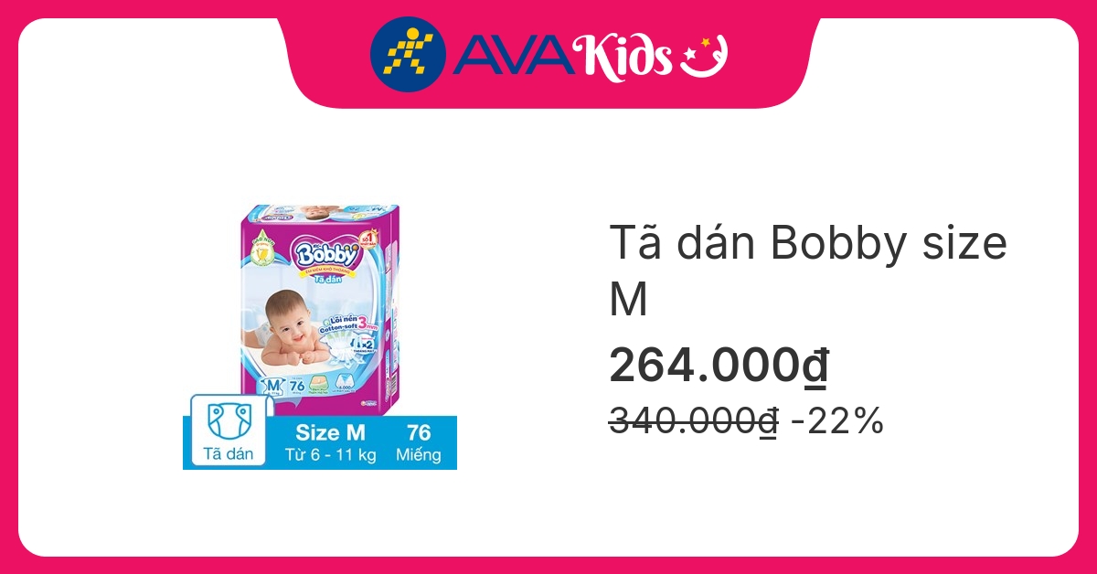 Tã dán Bobby size M 76 miếng (6 - 11 kg)