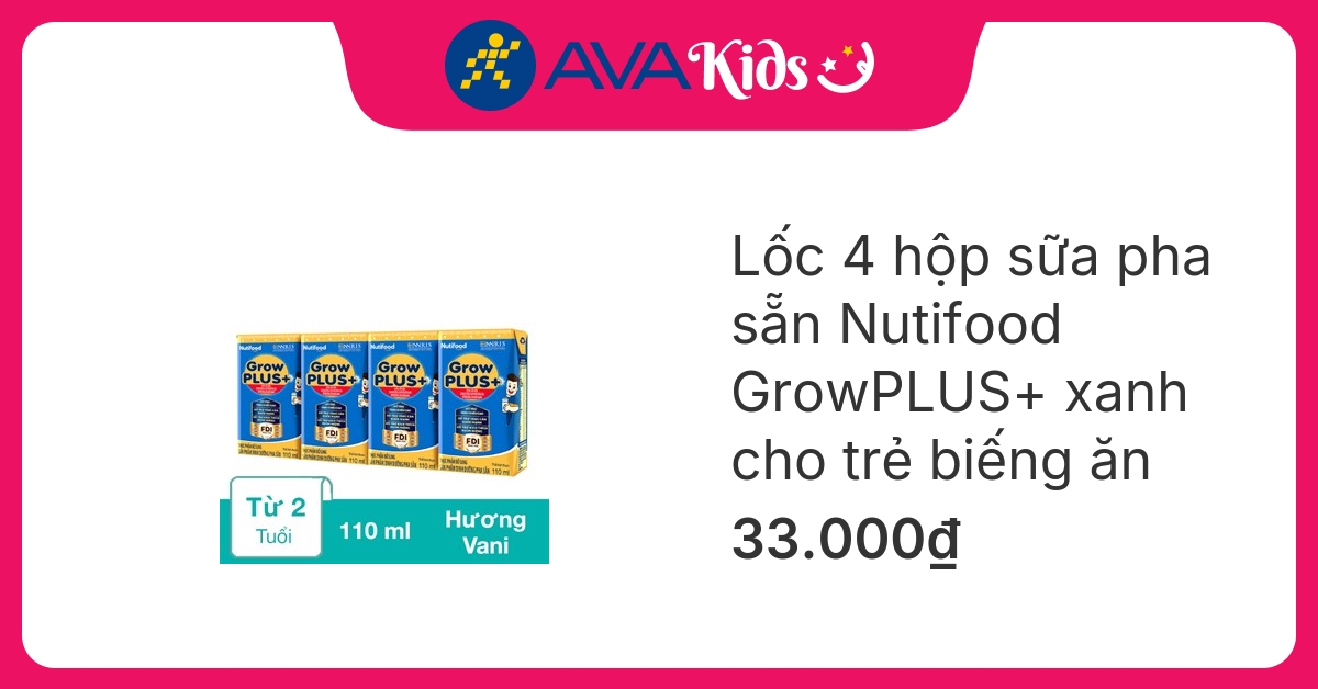 Lốc 4 hộp sữa pha sẵn Nutifood GrowPLUS+ xanh hương vani 110 ml cho trẻ biếng ăn (từ 1 tuổi) hover