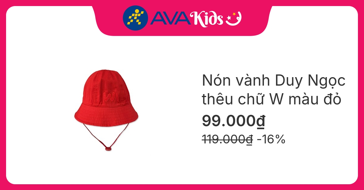 Nón vành cho bé trai Duy Ngọc thêu chữ W màu đỏ