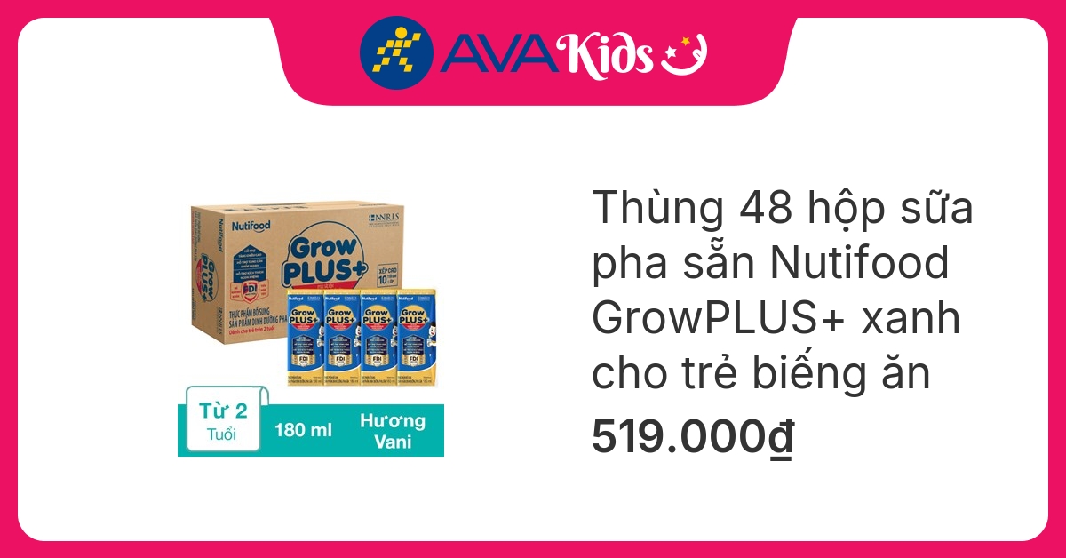 Thùng 48 hộp sữa pha sẵn Nutifood GrowPLUS+ xanh hương vani 180 ml cho trẻ biếng ăn (từ 1 tuổi) hover