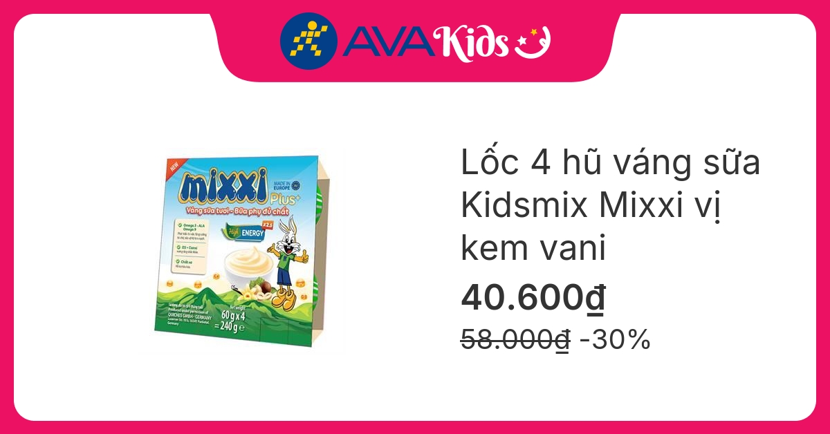 Lốc 4 hũ váng sữa Kidsmix Mixxi vị kem vani 60g (từ 6 tháng)