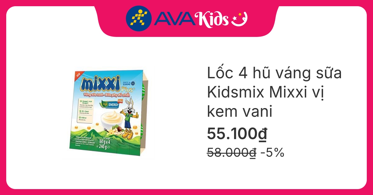 Lốc 4 hũ váng sữa Kidsmix Mixxi vị kem vani 60g (từ 6 tháng)