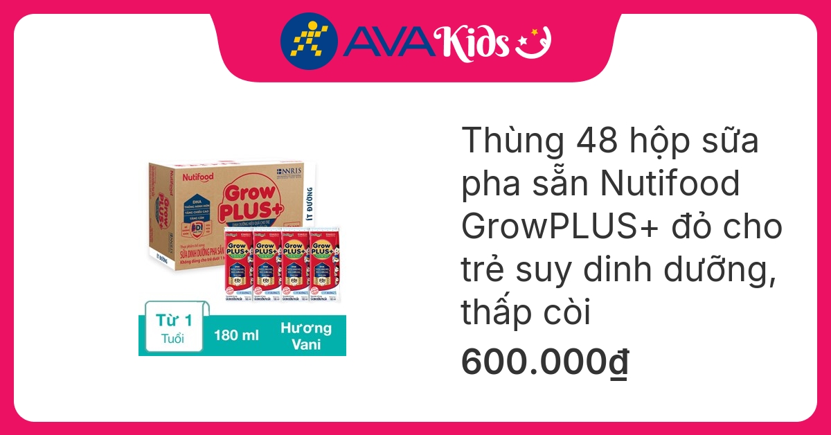 Thùng 48 hộp sữa pha sẵn Nutifood GrowPLUS+ đỏ ít đường hương vani 180 ml cho trẻ suy dinh dưỡng, thấp còi (từ 1 tuổi) hover