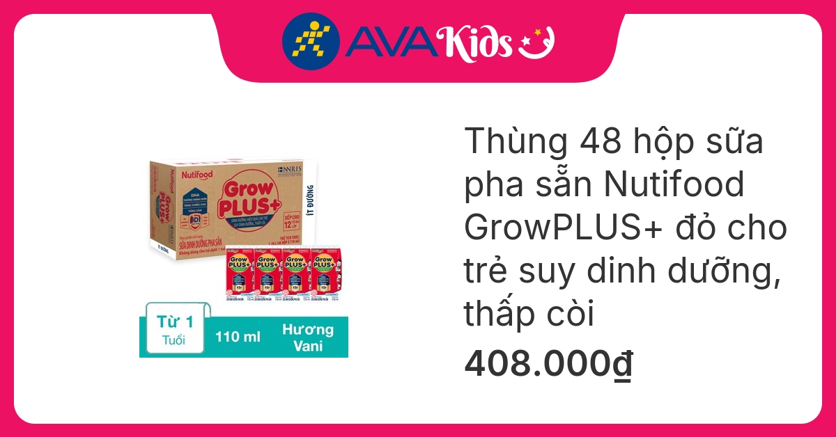 Thùng 48 hộp sữa pha sẵn Nutifood GrowPLUS+ đỏ ít đường hương vani 110 ml cho trẻ suy dinh dưỡng, thấp còi (từ 1 tuổi) hover