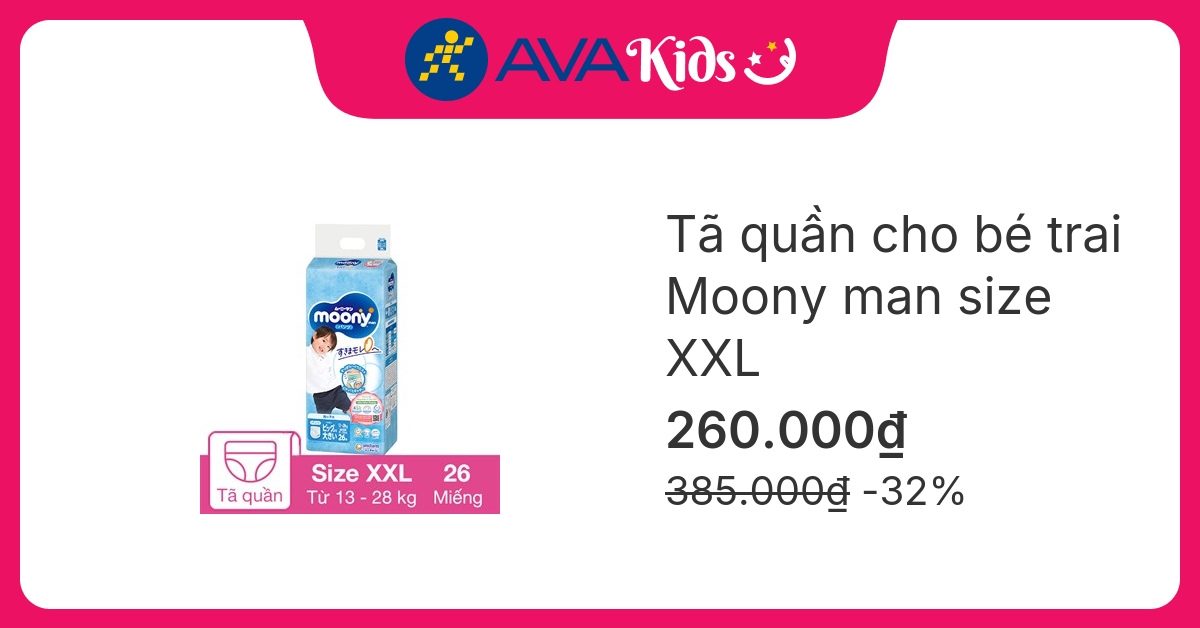 Tã quần cho bé trai Moony man size XXL 26 miếng (13 - 28 kg)