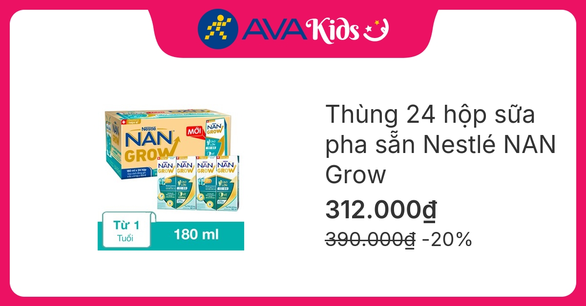 Thùng 24 hộp sữa pha sẵn Nestlé Nan Grow 180 ml (từ 1 tuổi) hover