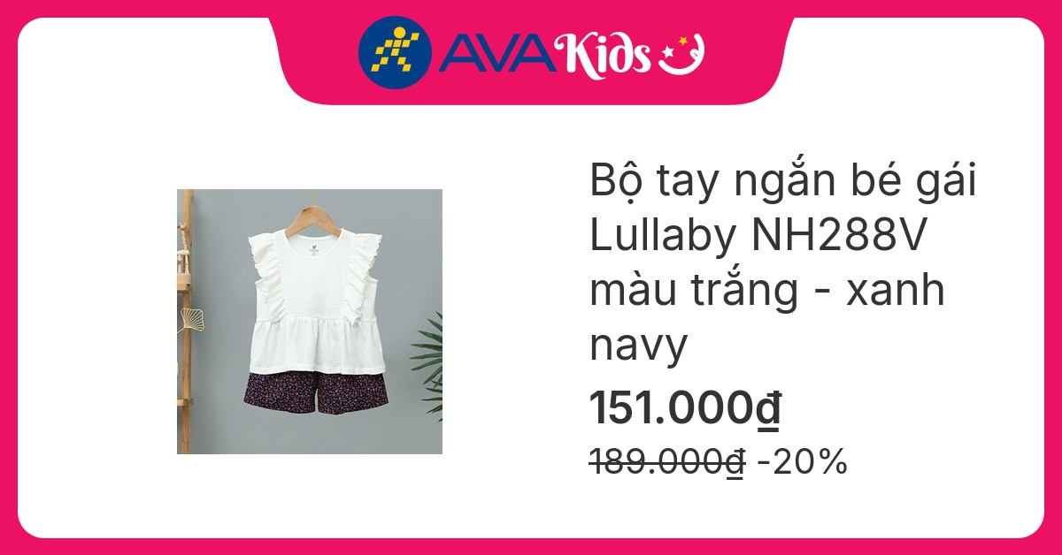 Bộ tay ngắn bé gái Lullaby NH288V màu trắng - xanh navy