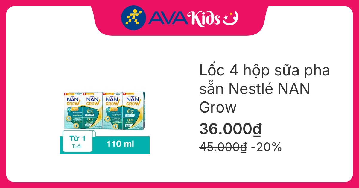 Lốc 4 hộp sữa pha sẵn Nestlé Nan Grow 110 ml (từ 1 tuổi) hover