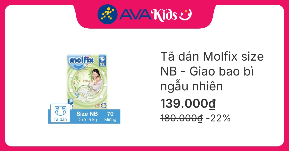 Tã dán Molfix thiên nhiên size NB 70 (Dưới 5 kg) - Giao bao bì ngẫu nhiên