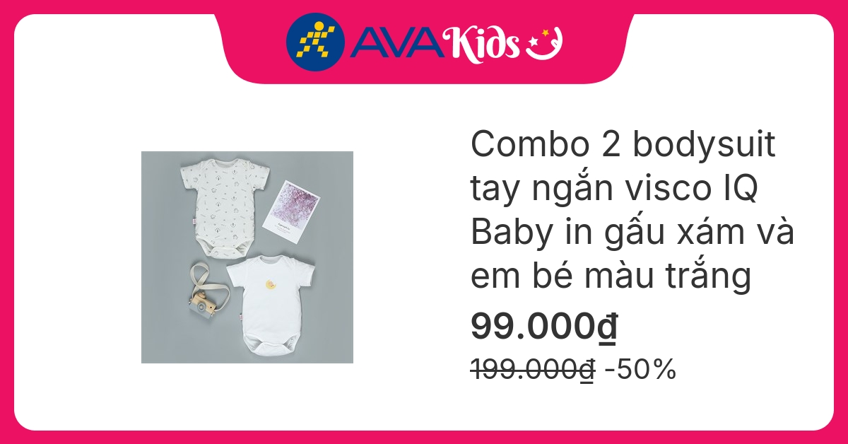 Combo 2 bodysuit tay ngắn in gấu xám và em bé IQ Baby màu trắng