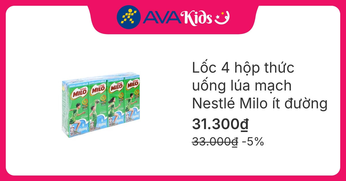 Lốc 4 hộp thức uống lúa mạch Nestlé Milo ít đường 180 ml (từ 2 tuổi)