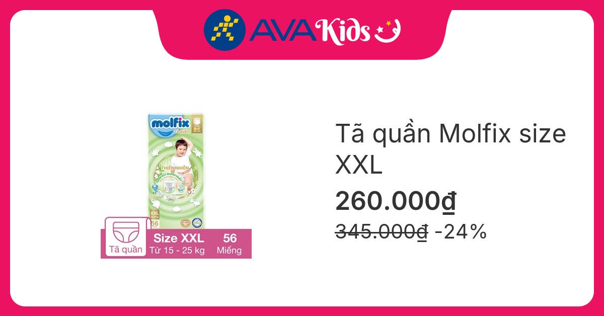 Tã quần Molfix thiên nhiên size XXL 56 miếng (15 - 25 kg)