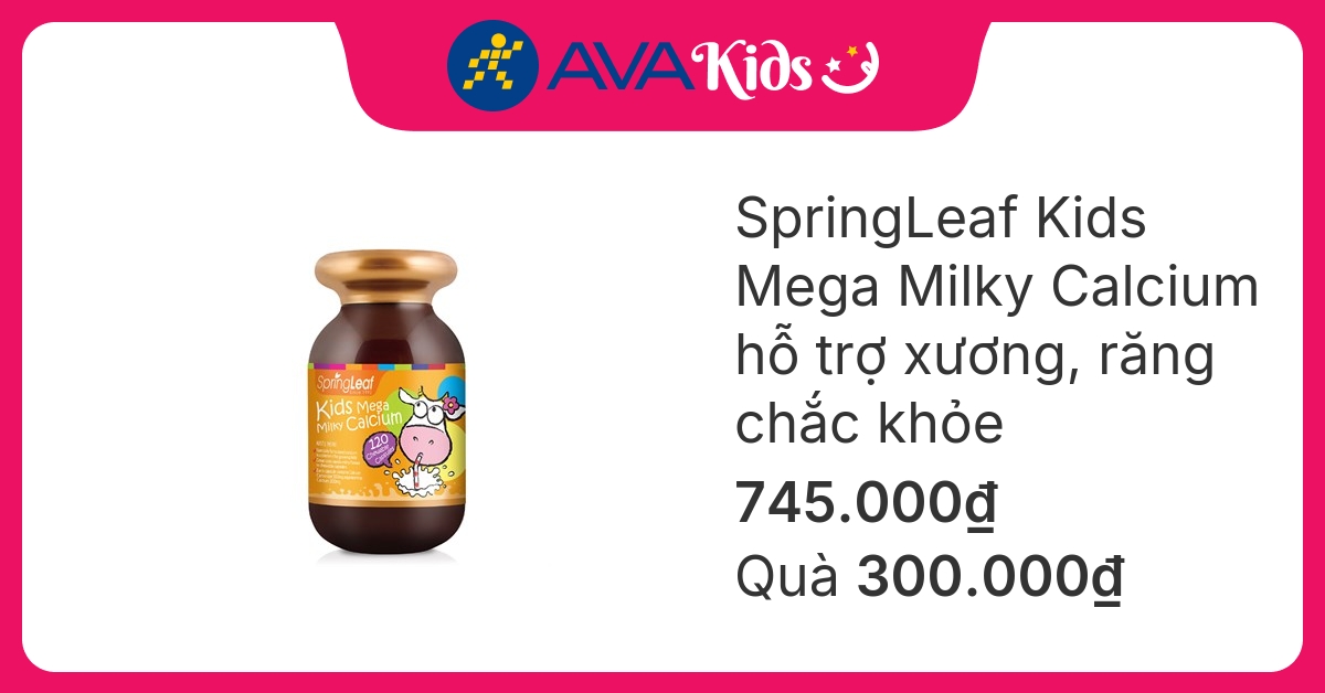 SpringLeaf Kids Mega Milky Calcium hỗ trợ xương, răng chắc khỏe hương vani, sữa, 120 viên dạng viên (từ 1 tuổi)