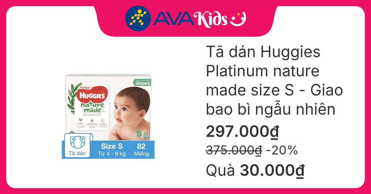 Tã dán Huggies Platinum nature made siêu cao cấp size S 82 miếng (4 - 8 kg) - Giao bao bì ngẫu nhiên