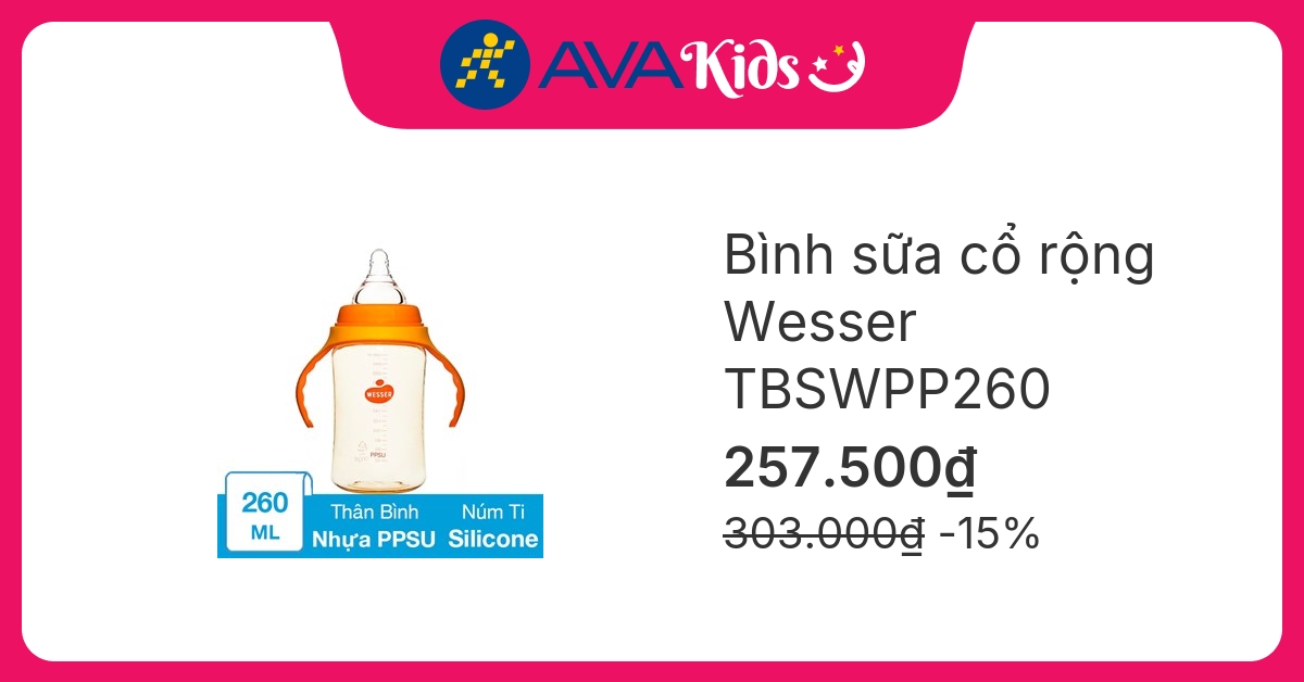 Bình sữa nhựa PPSU Wesser TBSWPP260 cổ rộng 260 ml (4 - 6 tháng)