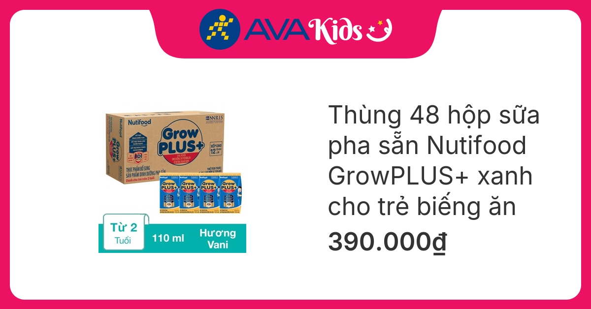 Thùng 48 hộp sữa pha sẵn Nutifood GrowPLUS+ xanh hương vani 110 ml cho trẻ biếng ăn (từ 1 tuổi) hover