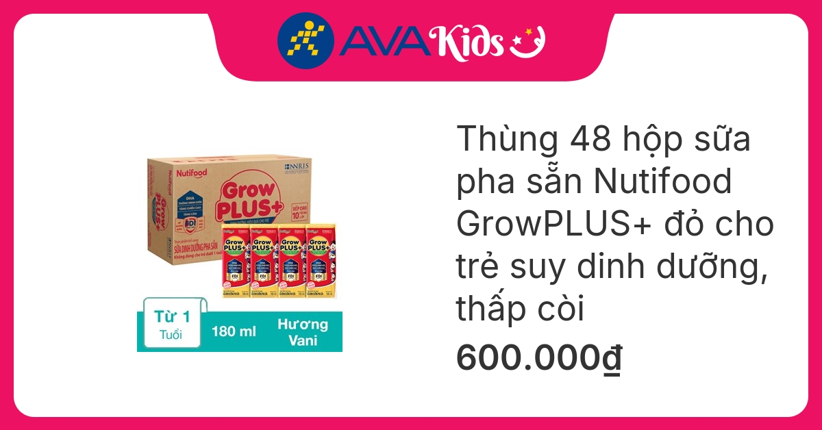 Thùng 48 hộp sữa pha sẵn Nutifood GrowPLUS+ đỏ hương vani 180 ml cho trẻ suy dinh dưỡng, thấp còi (từ 1 tuổi) hover