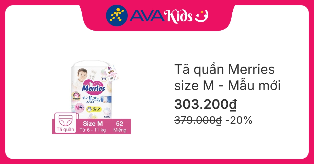 Tã quần Merries size M 52 miếng (6 - 11 kg) - Mẫu mới