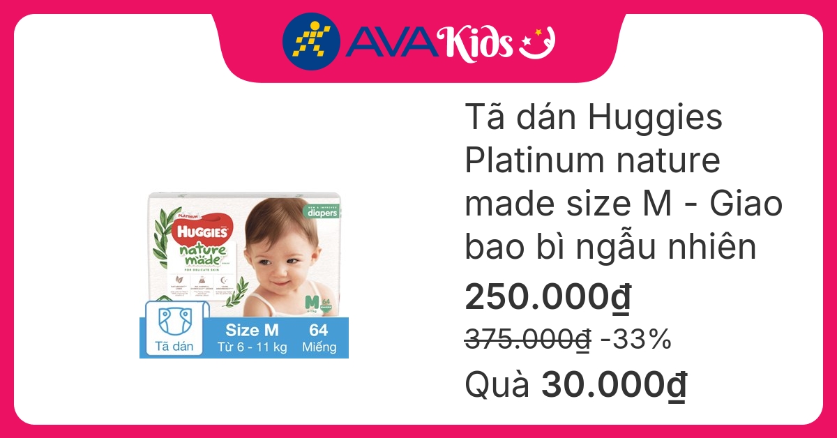 Tã dán Huggies Platinum nature made siêu cao cấp size M 64 miếng (6 - 11 kg) - Giao bao bì ngẫu nhiên