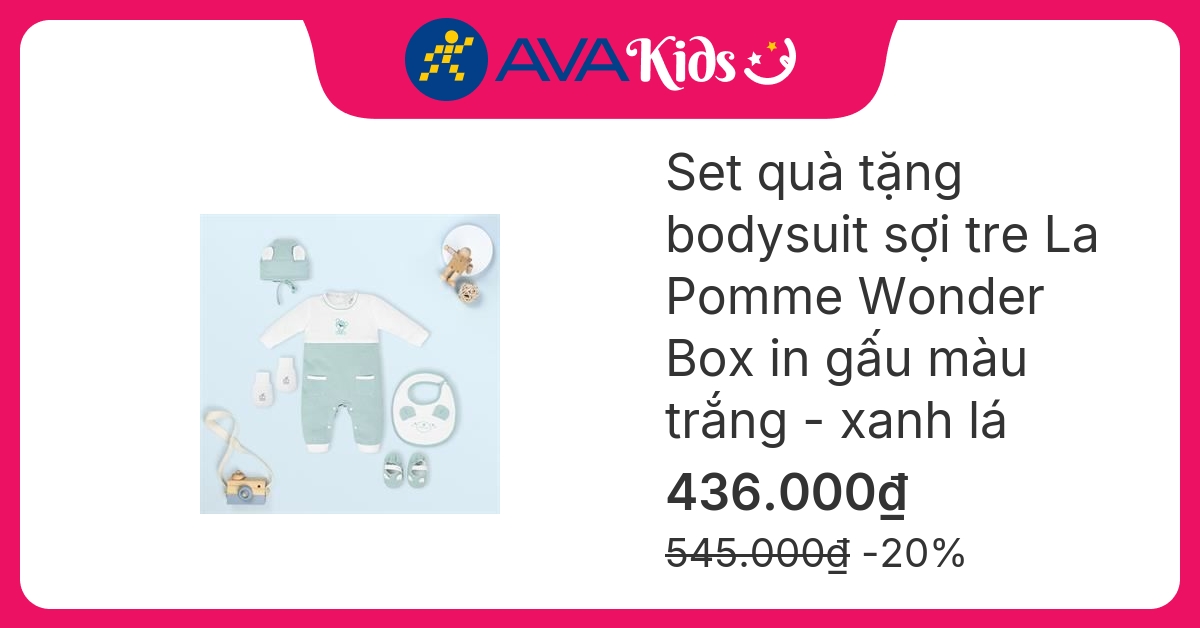 Set quà tặng bodysuit in gấu La Pomme Wonder Box màu trắng - xanh lá