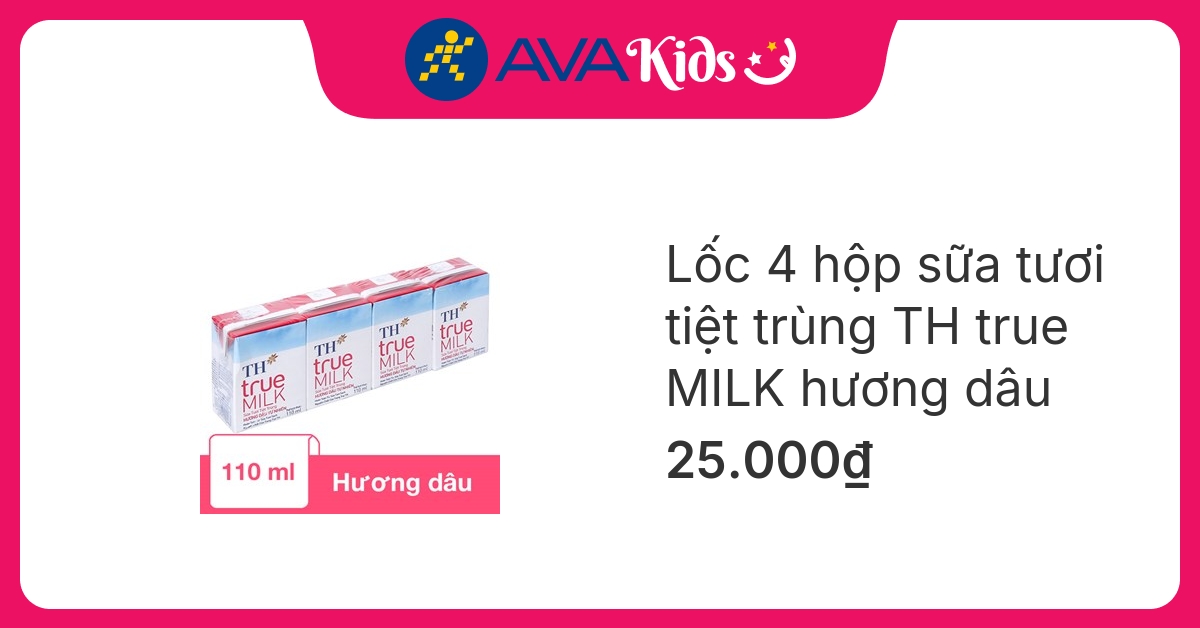 Lốc 4 hộp sữa tươi tiệt trùng TH true MILK có đường hương dâu 110 ml (từ 1 tuổi)