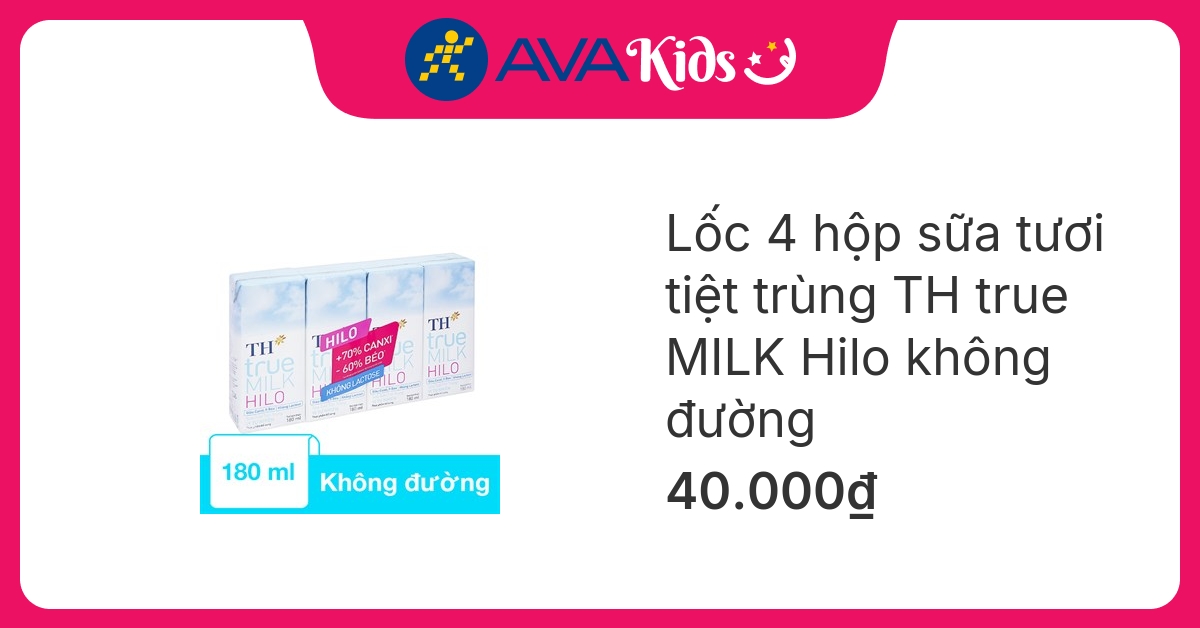 Lốc 4 hộp sữa tươi tiệt trùng TH true MILK Hilo không đường 180 ml (từ 1 tuổi)