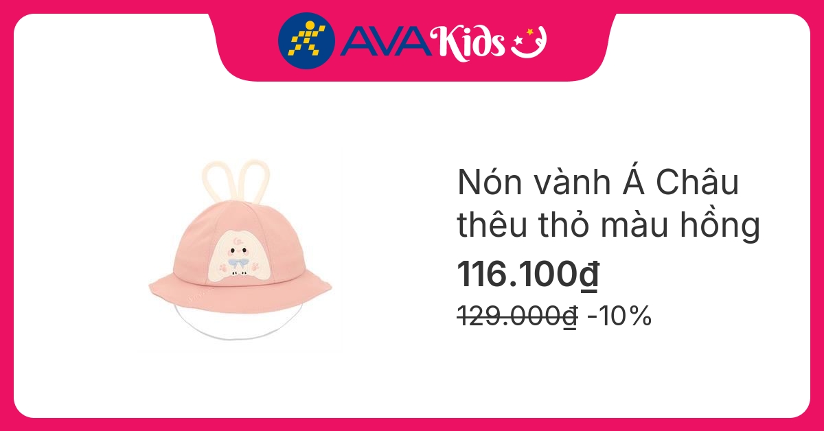 Nón vành cho bé Á Châu thêu thỏ màu hồng