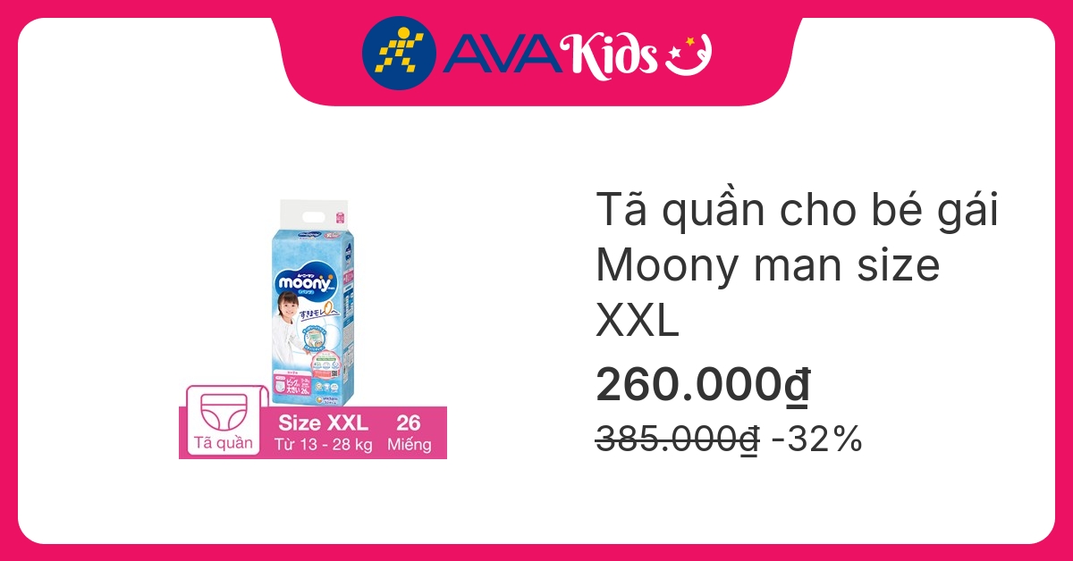 Tã quần cho bé gái Moony man size XXL 26 miếng (13 - 28 kg)