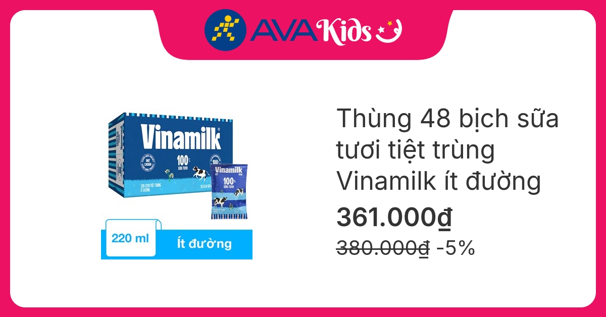 Thùng 48 bịch sữa tươi tiệt trùng Vinamilk ít đường 220 ml (từ 1 tuổi)