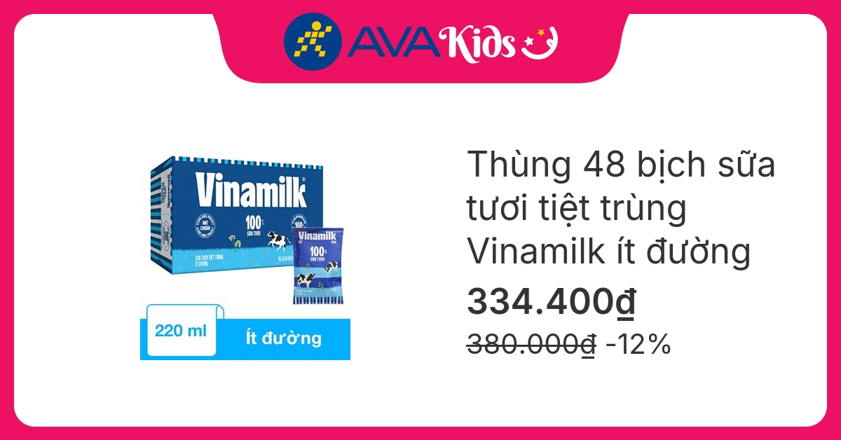 Thùng 48 bịch sữa tươi tiệt trùng Vinamilk ít đường 220 ml (từ 1 tuổi)