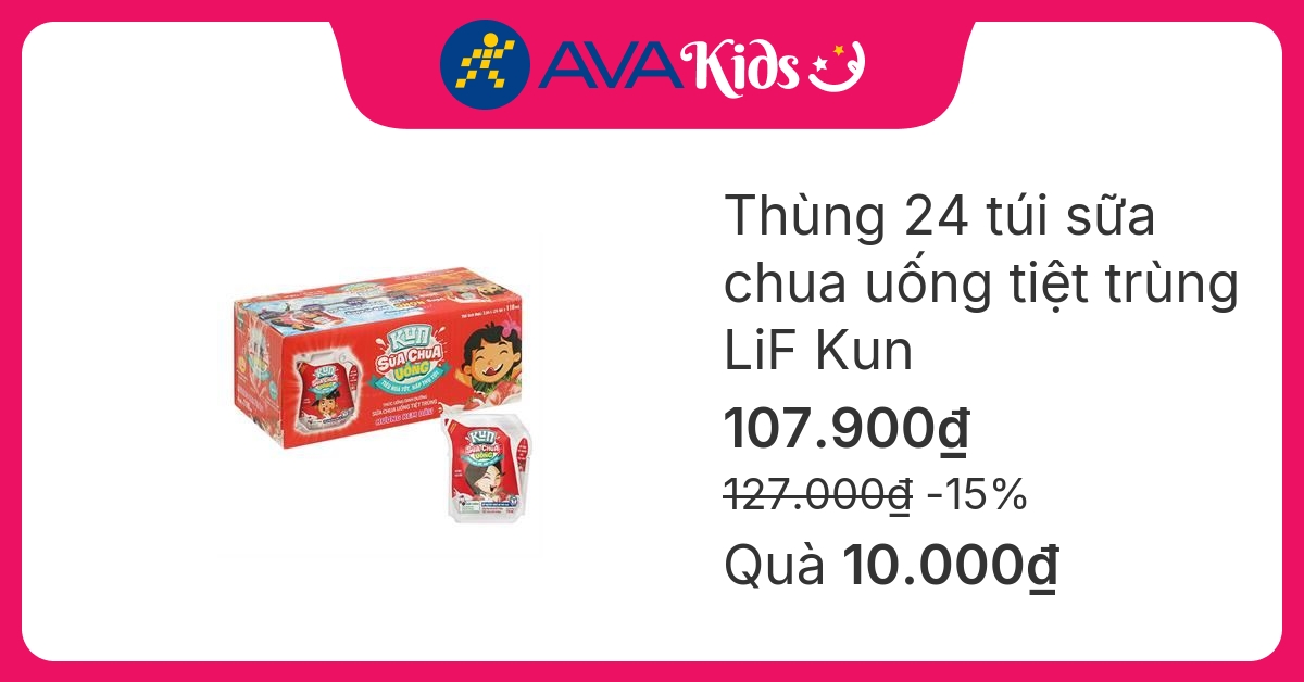 Thùng 24 túi sữa chua uống tiệt trùng LiF Kun vị kem dâu 110 ml (từ 2 tuổi)