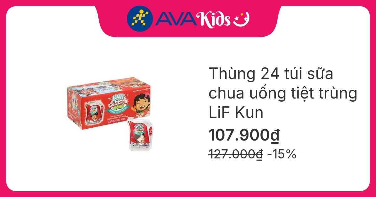 Thùng 24 túi sữa chua uống tiệt trùng LiF Kun vị kem dâu 110 ml (từ 2 tuổi)