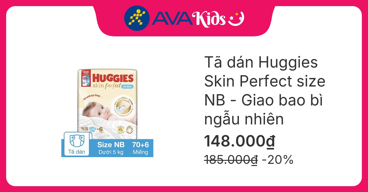 Tã dán Huggies Skin Perfect size NB 70 + 6 miếng (Dưới 5 kg) - Giao bao bì ngẫu nhiên