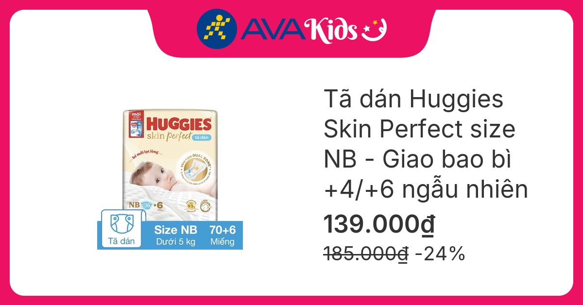Tã dán Huggies Skin Perfect size NB 70 miếng (Dưới 5 kg) - Giao bao bì +4/+6 ngẫu nhiên