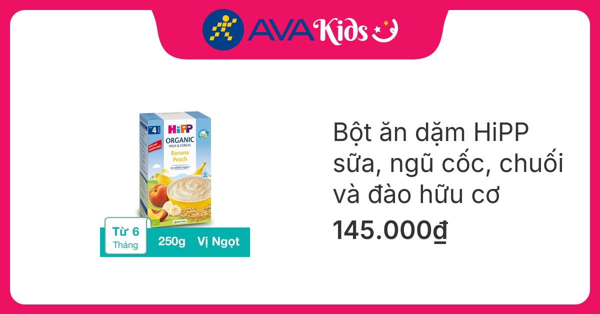 Bột ăn dặm HiPP sữa, ngũ cốc, chuối và đào hữu cơ hộp 250g (từ 4 tháng) hover