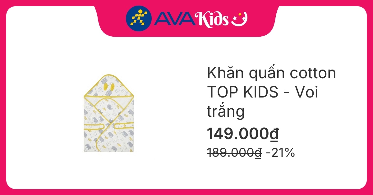 Khăn quấn cotton TOP KIDS 90x90 cm - Voi trắng