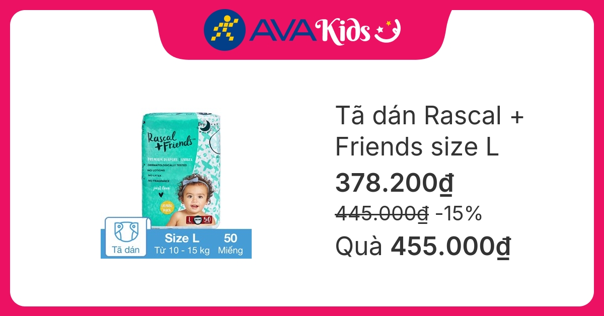 Tã dán Rascal + Friends size L 50 miếng (10 - 15 kg)