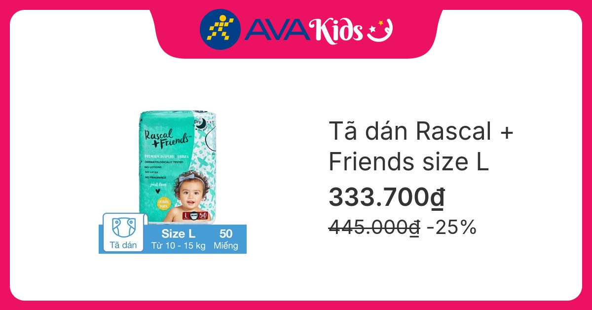 Tã dán Rascal + Friends size L 50 miếng (10 - 15 kg)