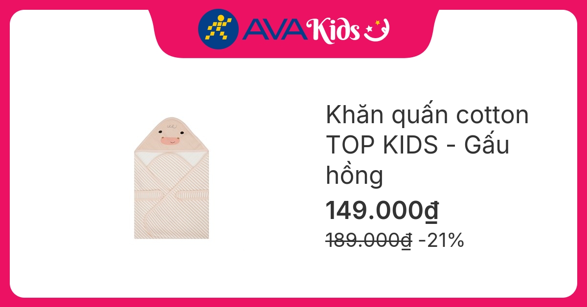 Khăn quấn cotton TOP KIDS 90x90 cm - Gấu hồng