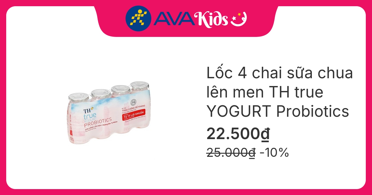 Lốc 4 chai sữa chua lên men TH true YOGURT Probiotics vị dâu 85 ml (từ 1 tuổi)