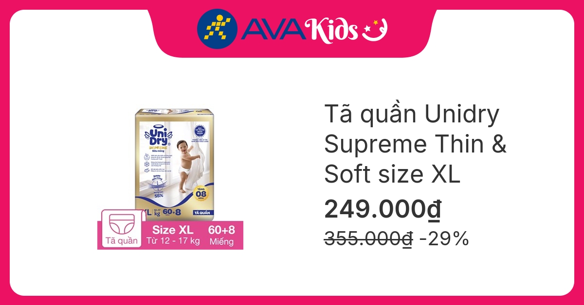 Tã quần Unidry Supreme Thin & Soft size XL 60 + 8 miếng (12 - 17 kg)