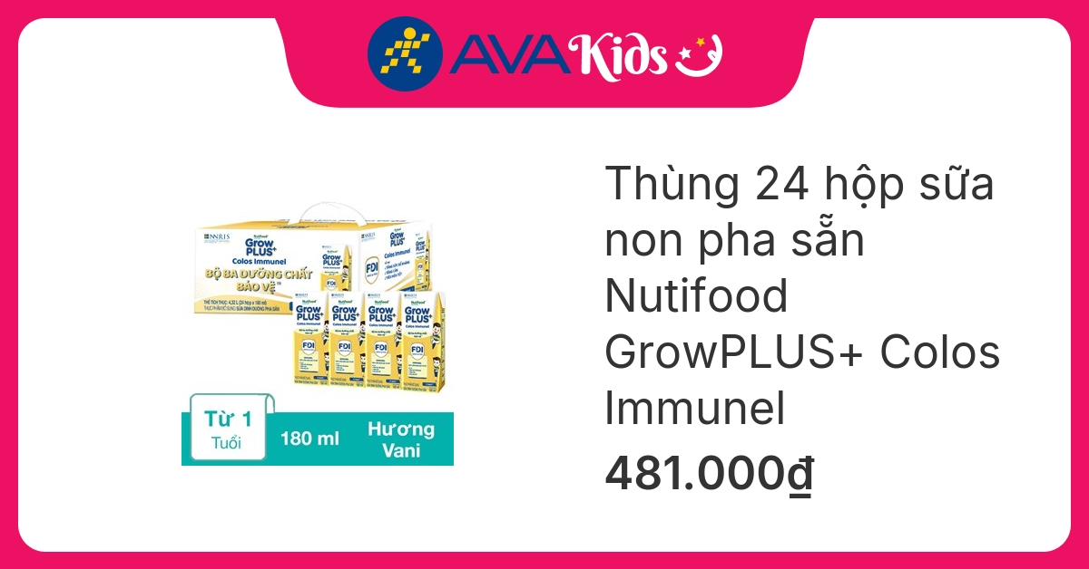 Thùng 24 hộp sữa non pha sẵn Nutifood GrowPLUS+ Colos Immunel hương vani 180 ml (từ 1 tuổi)